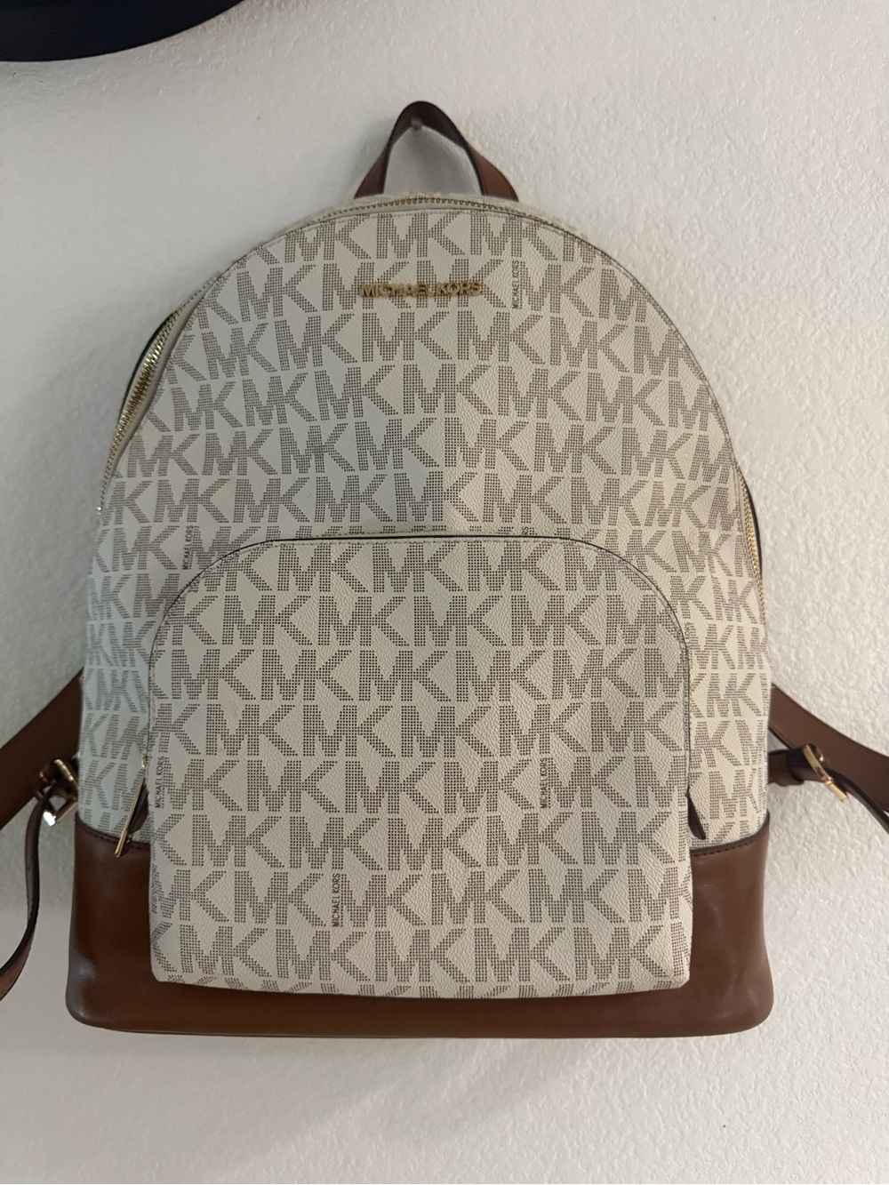 Michael Kors Cream and Brown MK Logo Backpack